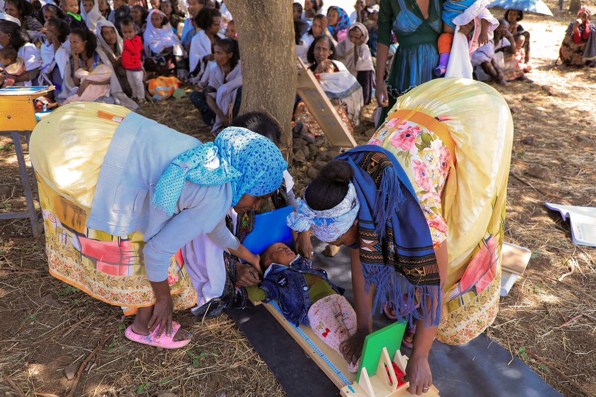 Health Extension Workers measure a child's length on a length board during a community growth monitoring session in Ethiopia