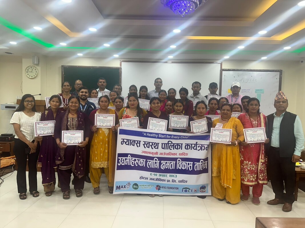 Entrepreneurs from Jwalamukhi Rural Municipality with their certificates after completing business training in Dhading, Nepal