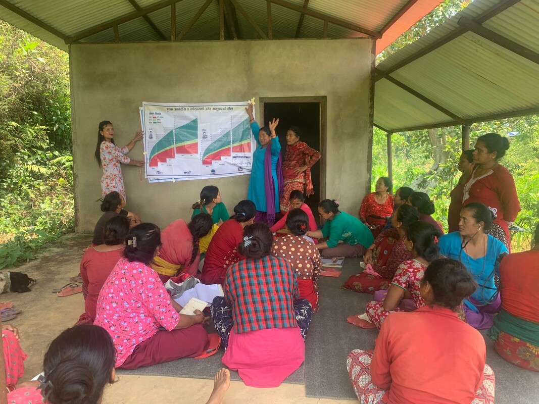 Women gather for a courtyard session on child growth monitoring beside a printed growth chart in Jwalamukhi Rural Municipality, Nepal